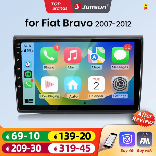 Junsun Android Auto Autoradio für Fiat Bravo mit 9.0 Zoll IPS Touchscreen, Wireless Apple CarPlay und Multimedia Videoplayer, Schwarz, 2 Din - Bild 1