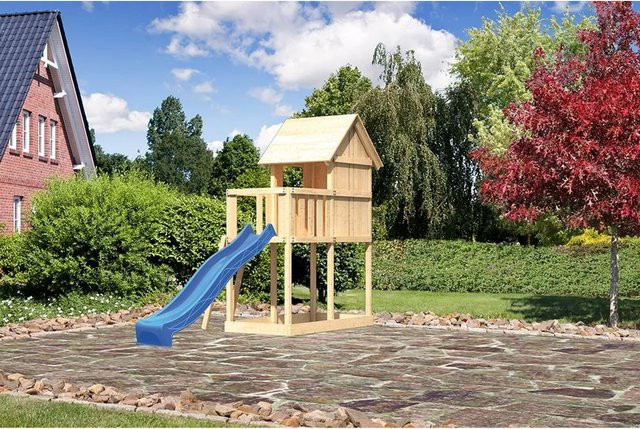 Karibu Kinderspielhaus Frieda Set mit Anbau und Rutsche in Natur und Blau - Bild 1