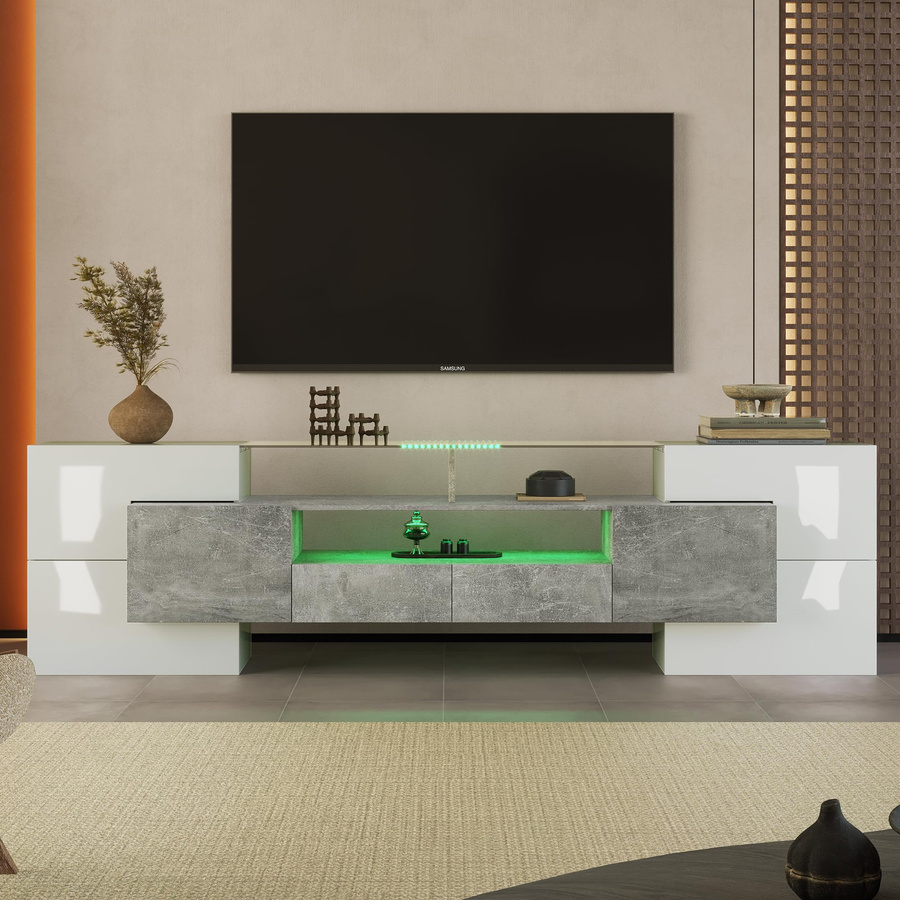 Modernes Flieks Lowboard TV-Schrank mit LED-Beleuchtung in Weiß/Braun, B/T/H: 200 x 35 x 60 cm - Bild 1