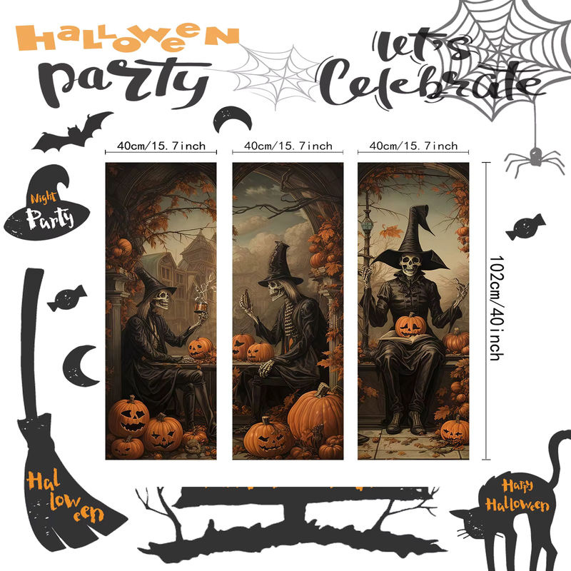 3er Set Vintage Halloween Dekoration Banner mit Horror Porträts von Mann, Schädel und Geist als Hintergrund für deine Villa - Bild 2