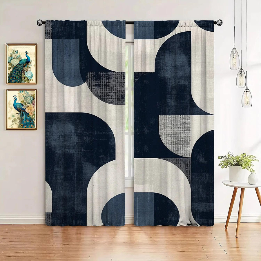 2er-Set Kunstbedruckte Vorhänge in Blau und Weiß mit modernem Grafikdesign, halbtransparent, B: 52,5 cm x H: 116 cm - Bild 3