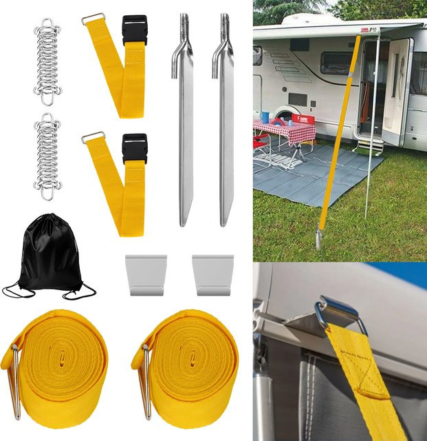Winddichtes Stabilisator-Set für Fiamma und Dometic Markisen mit Spanngurten, Federhaken, Zeltheringen und Aufbewahrungstasche in Gelb - Bild 1