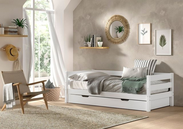 VIPACK Funktionsbett aus Kiefer mit Bettschublade und Rolllattenrost, Weiß lackiert, B: 90 cm, L: 200 cm - Bild 1