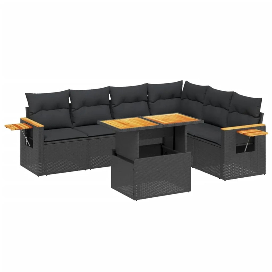 vidaXL 7-teilige Garten-Sofagarnitur in L-Form aus schwarzem Poly-Rattan mit Kissen und pulverbeschichtetem Stahlrahmen - Bild 2