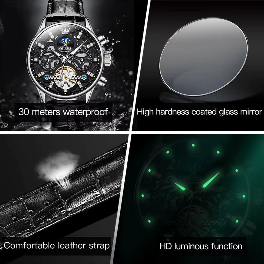 OLEVS Armbanduhr Automatik, Leder, Mondphase, Blau, Herren - Bild 5