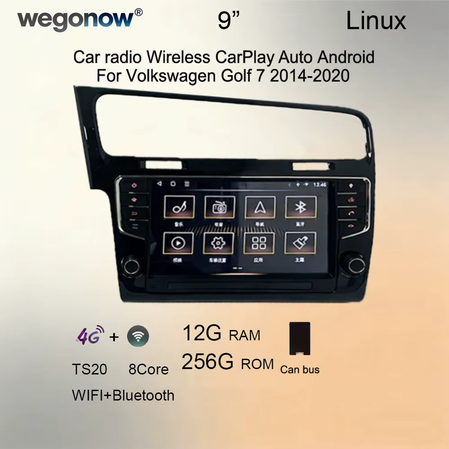 WEGONOW 9-Zoll IPS-Autoradio mit Linux für Volkswagen Golf 7 (2014-2020), Android Auto, kabelloses CarPlay, 4G LTE, WLAN und Bluetooth, Schwarz - Bild 2