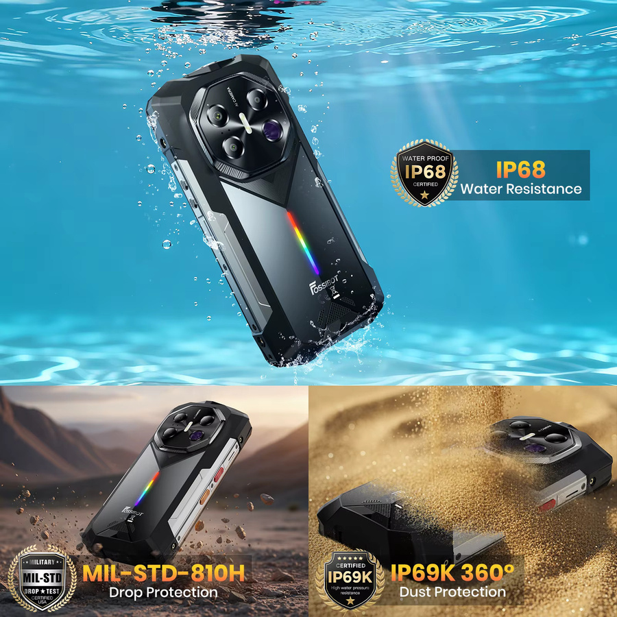 Fossibot F113 Robustes Smartphone in Schwarz mit 256 GB Speicher, 36 GB RAM, 5G, 6,78 Zoll 120 Hz Display, 20000 mAh Akku, Android 15, 64 MP Kamera, IP68 und NFC - Bild 4