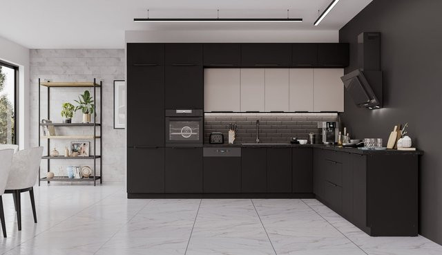 Moderne Winkelküche SIENA + ARONA Eckküche in Schwarz Matt mit XL Stauraum B/T/H: 350 x 290 cm - Bild 1