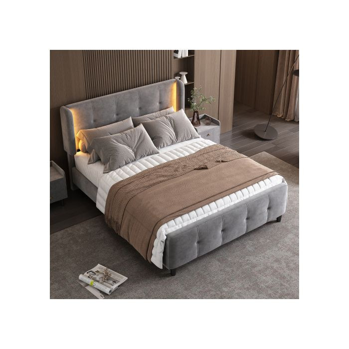 Gepolstertes Samt-Bett MUVOE in Grau mit verstellbarem Kopfteil und 16-farbiger LED-Unterbettbeleuchtung, B/T: 140 x 200 cm - Bild 2