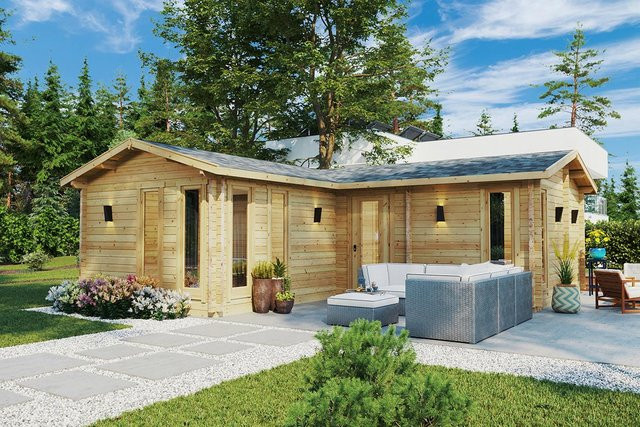 Eck-Blockhaus Devon 1 mit Schlafzimmer als großes Gartenhaus und Ferienhaus, Maße: 8 x 8 m - Bild 1