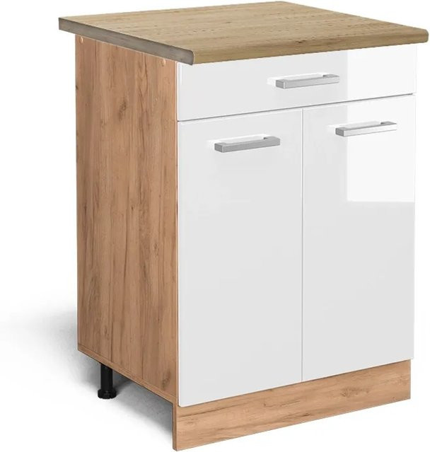 Vicco Küchenunterschrank R-Line Weiß Hochglanz und Eiche mit Schubladen B/T/H: 60 x 60 x 81,6 cm - Bild 1