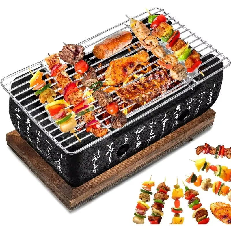 Japanischer Tragbarer Kohlegrill aus Aluminium in Silber mit Holzbasis und Grillwerkzeug - Bild 7