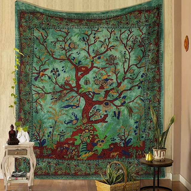 BaiTu Clothes Wandbehang Baum des Lebens in Lila und Grün, Psychedelischer Wandteppich aus Baumwolle mit floralem Design, Breite: 137 cm, Höhe: 152 cm - Bild 1