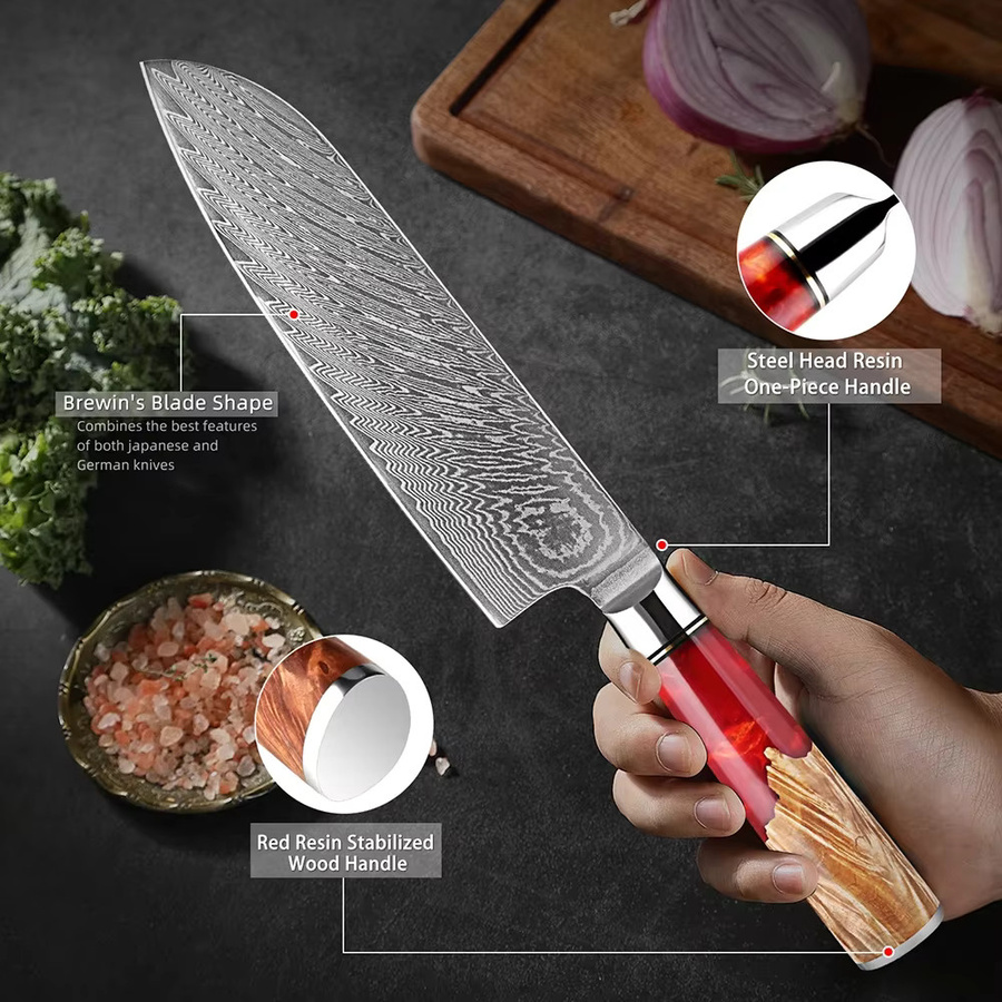 Xituo Santoku Damastmesser aus Damaststahl mit rotem Harzgriff, Länge: 17,78 cm - Bild 4