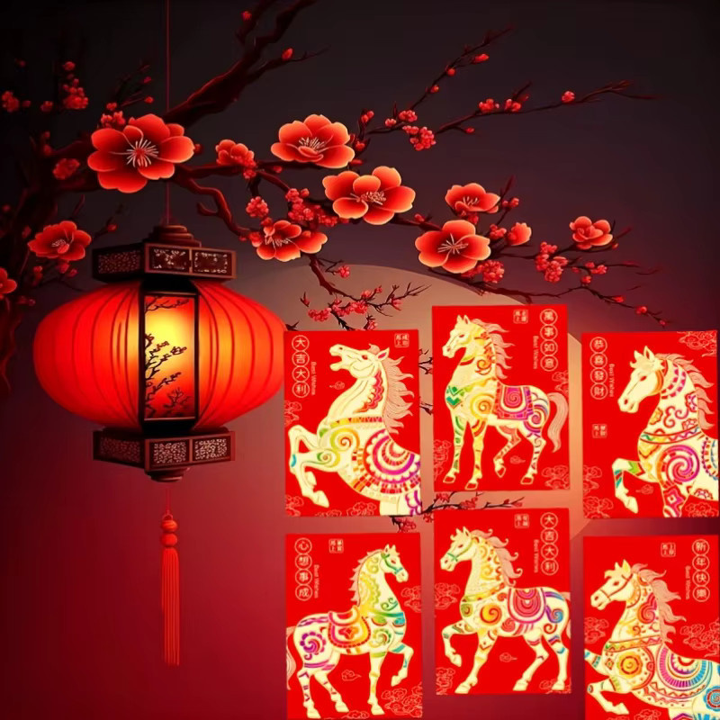 30 Stück Rote Glücksumschläge für das Chinesische Neujahr 2026 mit Pferdemotiv in Rot und Gold - Bild 3