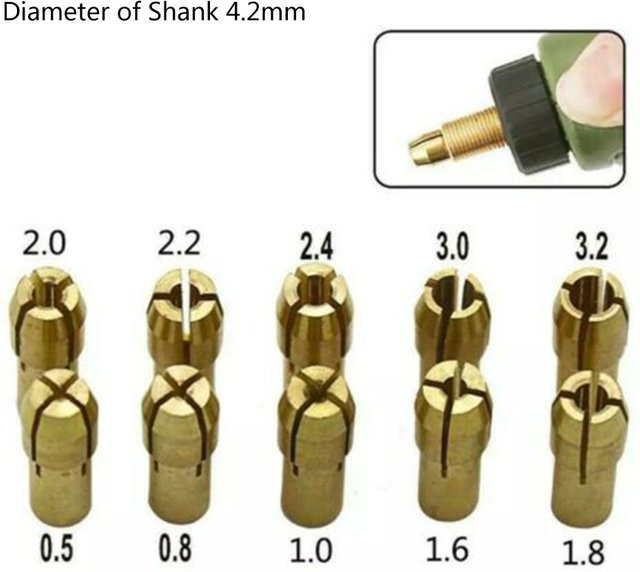 VIBRATITE 10-teiliges Zubehör-Set für Mini-Schleifmaschinen aus Messing in Gold, bestehend aus elektrischen Schleiffuttern, Bohrfutter und Spannzangen (4,2 mm sowie 0,5–3,2 mm) - Bild 1