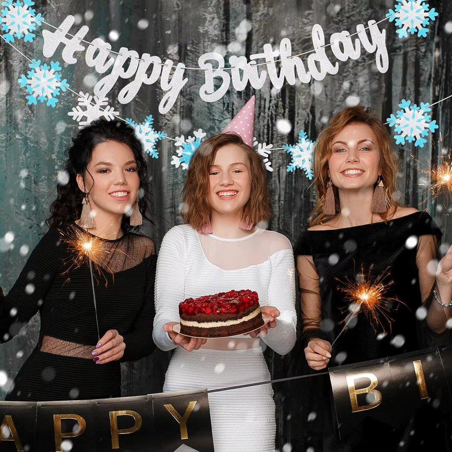 EsenTroye Geburtstag Banner Winter Wunderland in Blau und Weiß mit Schneeflocken-Glitzer-Design - Bild 4