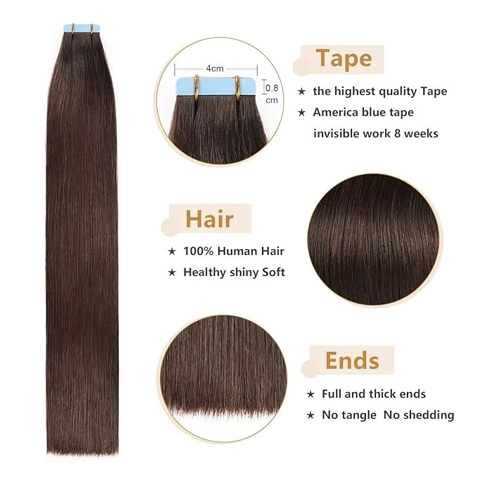 Boymia Tape-in Echthaarverlängerungen, 20-teiliges Set, 12-20 Zoll, Unisex - Bild 4