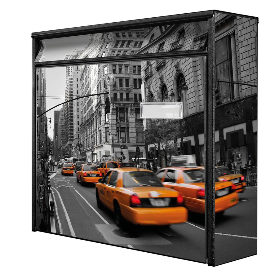 banjado Burg Wächter Wandbriefkasten Modell Mail in Schwarz mit New York Taxi Motiv aus verzinktem und lackiertem Stahlblech, B/H/T: 36 x 32 x 10 cm - Bild 1