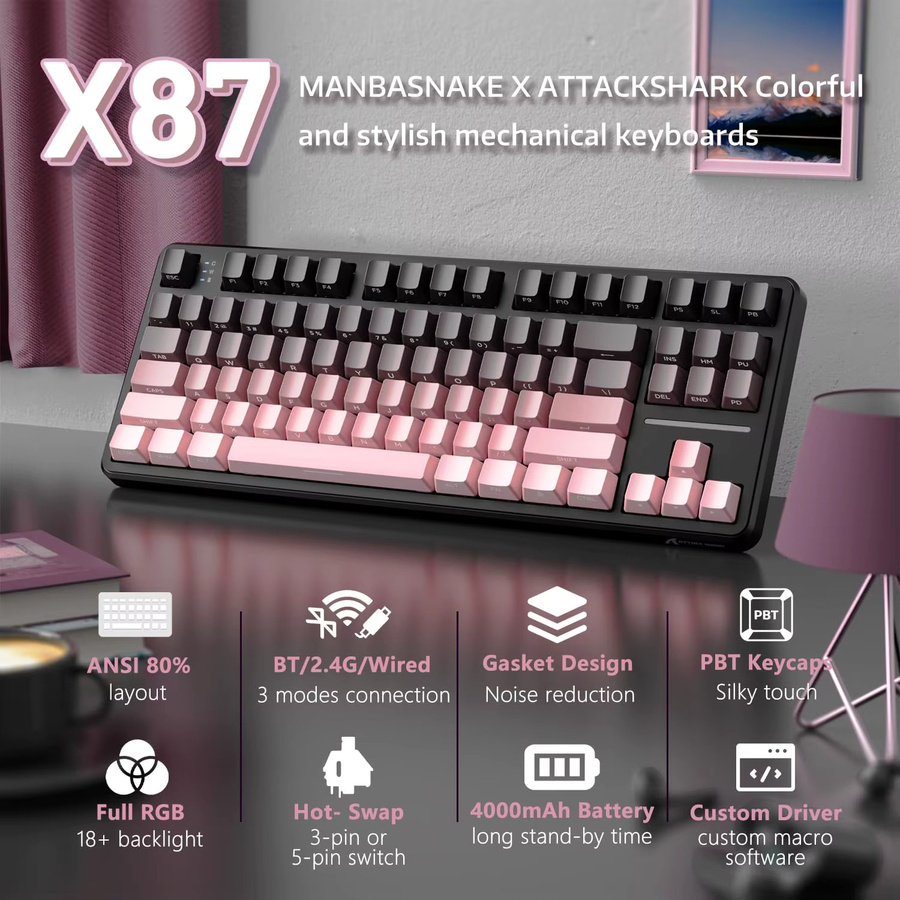 Attack Shark X87 Kabellose mechanische Gaming-Tastatur mit RGB-Hintergrundbeleuchtung und Hot-Swap in Weiß (Bluetooth, 2,4 GHz, USB-C) - Bild 2