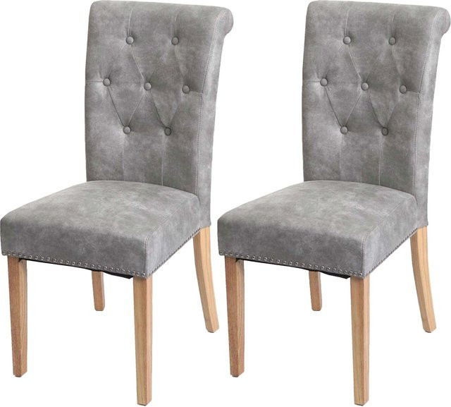 MCW 2er-Set Esszimmerstuhl Chesterfield II aus Stoff in Hellgrau mit Nieten und Massivholzbeinen - Bild 1