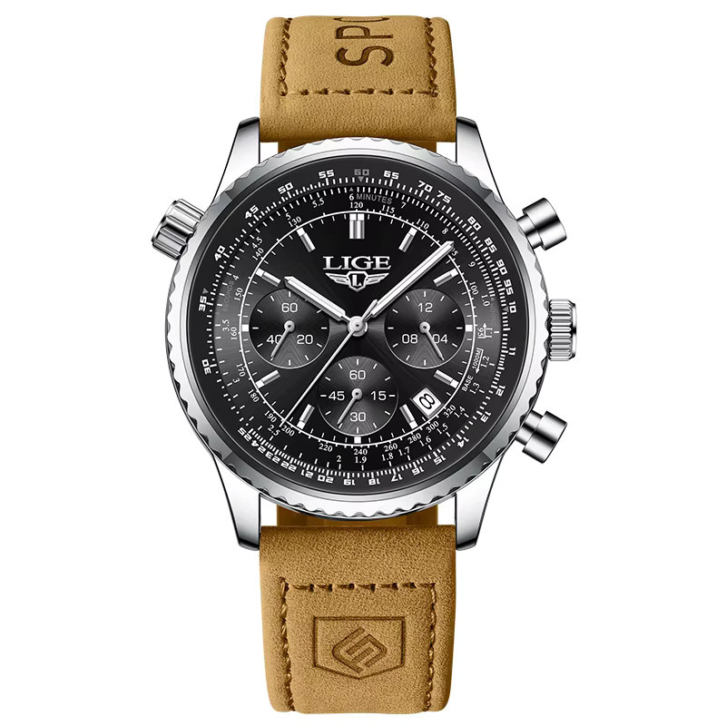 LIGE Armbanduhr Chronograph, Quarz, Leder, Schwarz, Herren - Bild 6