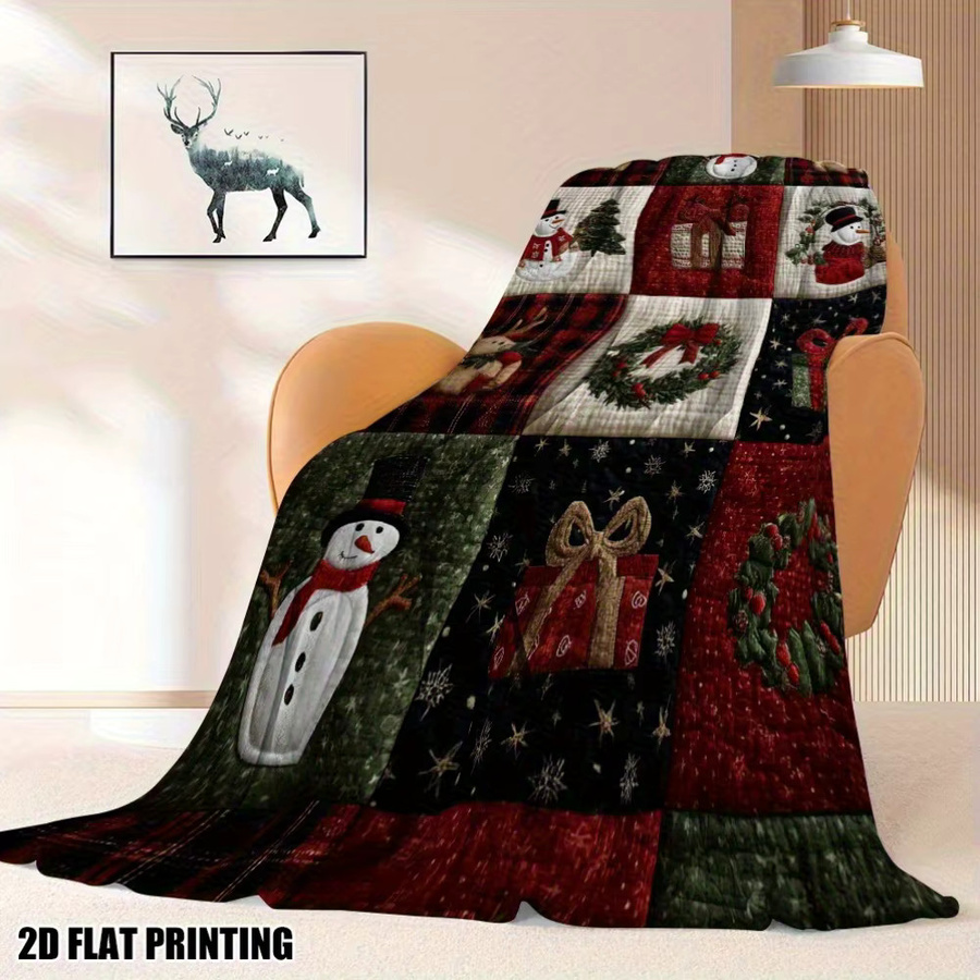 VIKAMA Weihnachtsdecke mit Schneemann, Rentier und Weihnachtsbaum, weich und flauschig, Patchwork-Design, Multicolour, B/T: 90 x 75 cm - Bild 4