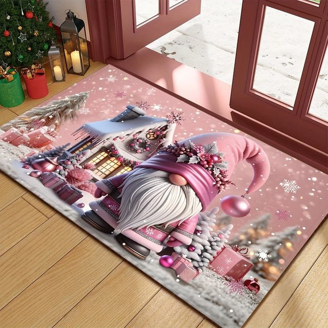 VIKAMA Weihnachtsmann Teppich in Rosa mit Kinder-Motiv, rutschfester und schmutzabweisender Fußteppich für Wohnzimmer und Schlafzimmer - Bild 1