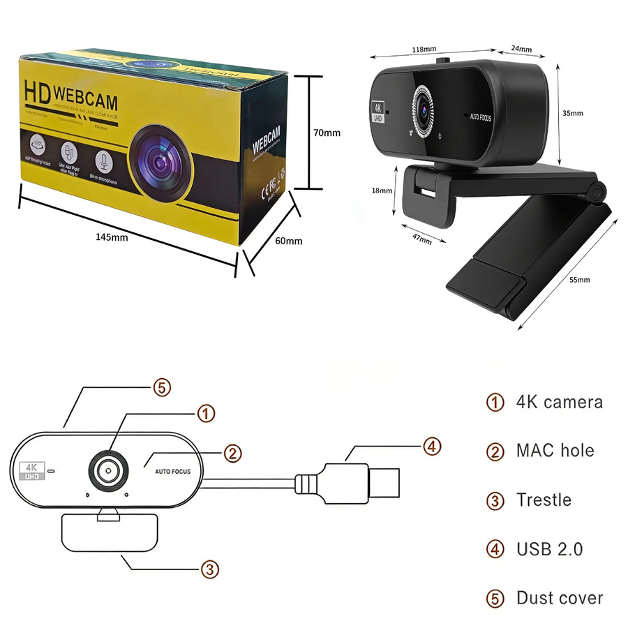 JETO 4K UHD Webcam mit 8MP Autofokus, Duale KI-Geräuschunterdrückende Mikrofone und USB-C-Adapter in Schwarz für PC und Laptop - Bild 5