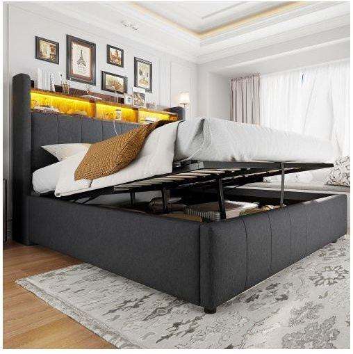 Gepolstertes Bett MUVOE in Grau mit LED-Beleuchtung, USB-Anschluss, Nachttischregal und integriertem Stauraum, B/T: 160 x 200 cm - Bild 1