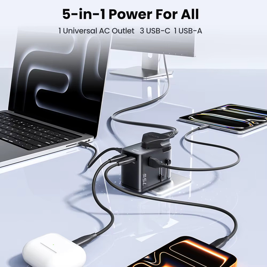 Toocki GaN 75 W Universal-Reiseadapter mit 1 AC-Steckdose, 1 USB-A und 2 USB-C Anschlüssen, PD 45 W Schnellladegerät für EU, US, UK, AUS, Schwarz - Bild 4