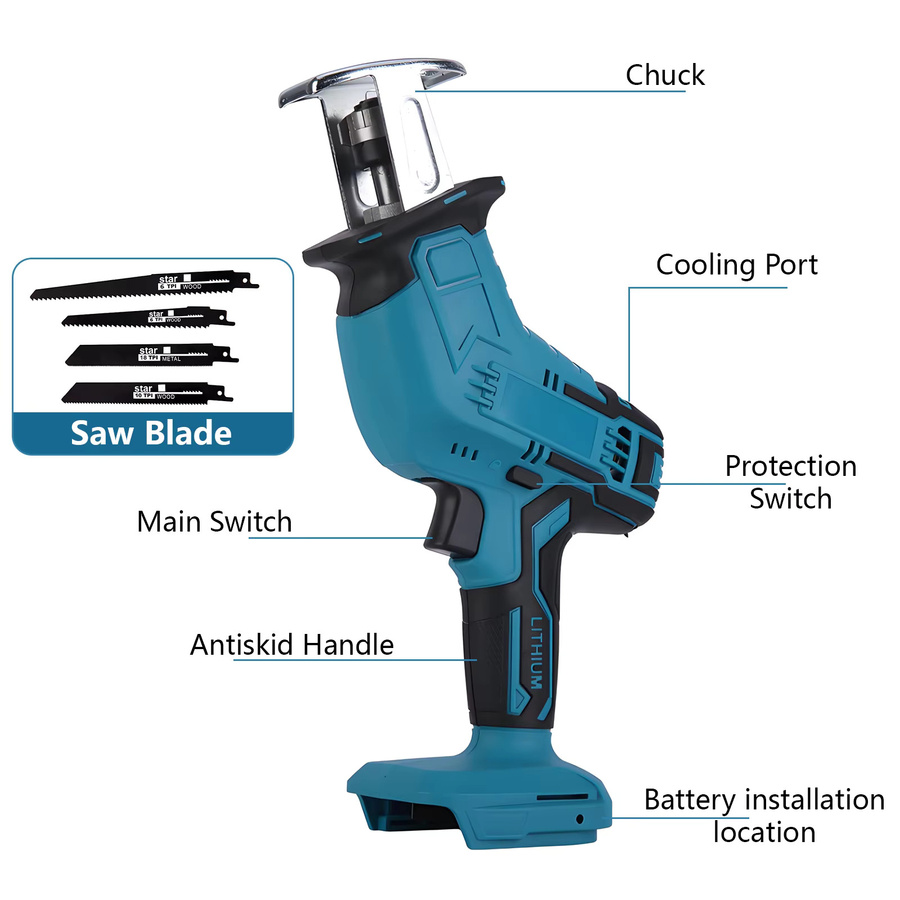 OWJHE kabellose bürstenlose Säbelsäge in Blau mit 4000 U/min, kompatibel mit Makita 18V LXT Akku, inklusive 4 Sägeblättern - Bild 5