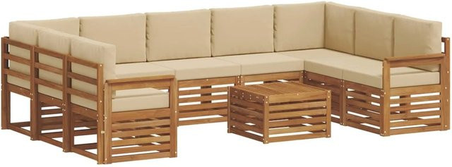 vidaXL Sofagarnitur aus Massivholz Akazie in U-Form, 10-teiliges Set in Natur und Beige mit wetterfesten Polstern - Bild 1