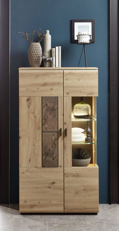 Vitrine vito LAVADO in Artisan Eiche Nachbildung, Braun, mit Glastüren, Soft-Close-Funktion und integrierter Beleuchtung, B/T/H: 80 x 37 x 148 cm