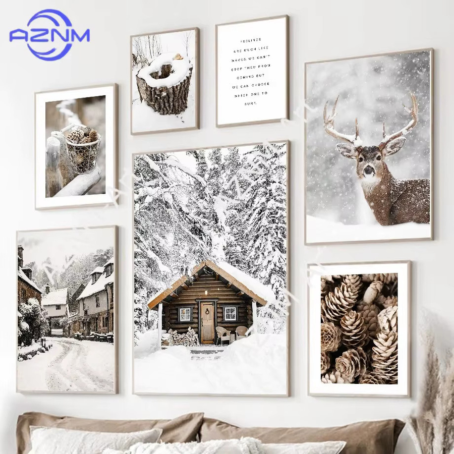 AZNM Leinwandgemälde im minimalistischen nordischen Stil mit Hirsch und Winterlandschaft, Mehrfarbig - Bild 2