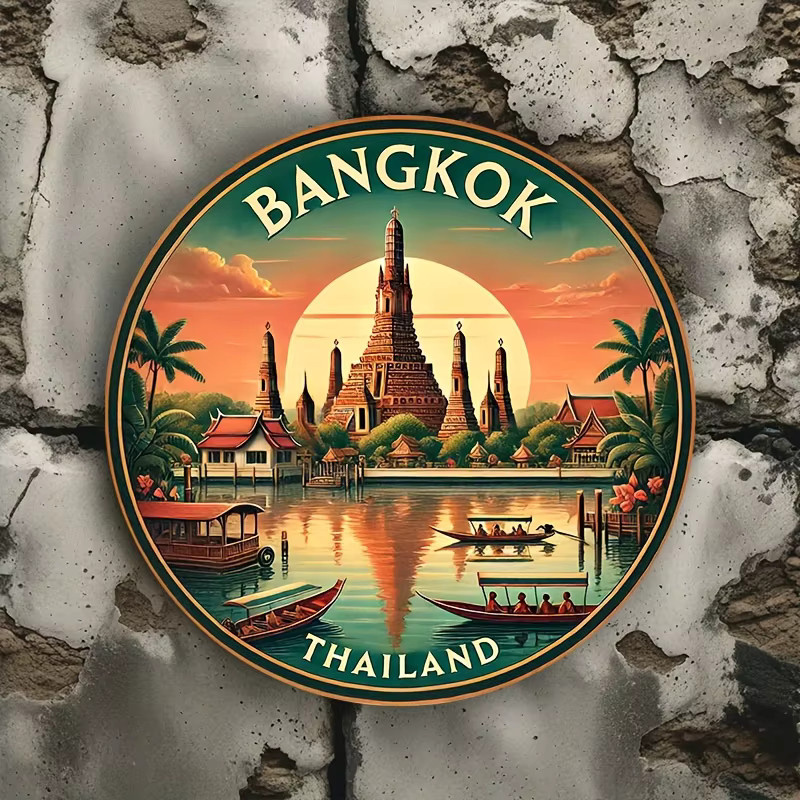 Potdemiel Vintage Bangkok Thailand Rundes Metall-Wandkunstschild aus Aluminium mit Wat Xieng Tanga Motiv, Durchmesser: 20,32 cm, Mehrfarbig - Bild 3