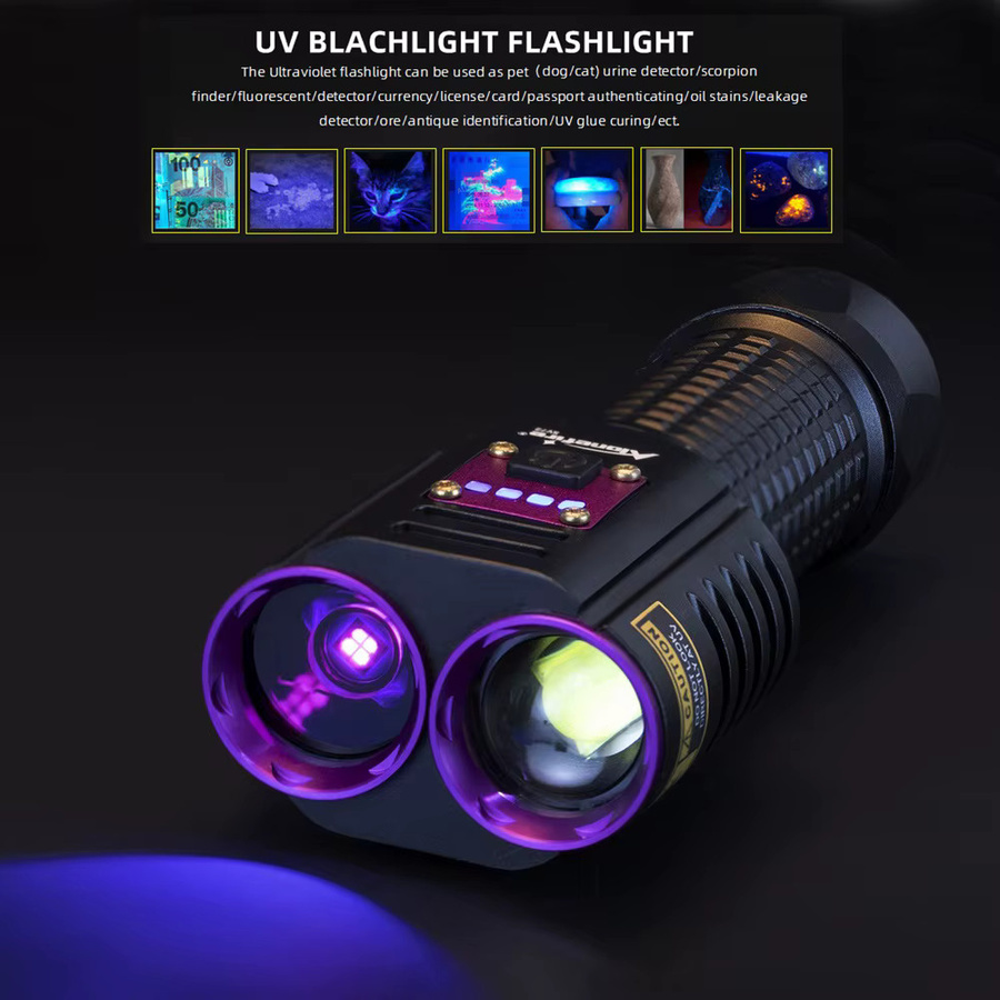 Alonefire SV72 2-in-1 UV- und Weißlicht Taschenlampe 20W mit 365nm, USB wiederaufladbar, Schwarz - Bild 3