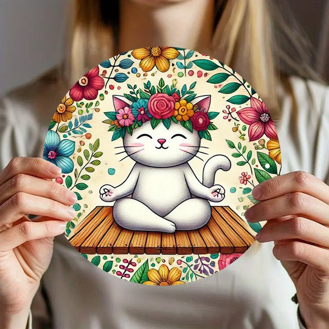 Rundes Aluminiumschild Do Yoga Katze von Potdemiel im Vintage-Stil für die Wanddekoration in Mehrfarben, Durchmesser: 19,8 cm - Bild 1