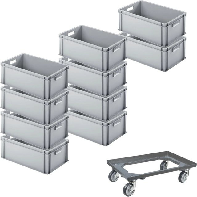 PROREGAL SparSet mit 10 Eurobehältern mit offenem Griff und 1 Transportroller, Grau, H x B x T: 22 x 40 x 60 cm - Bild 1