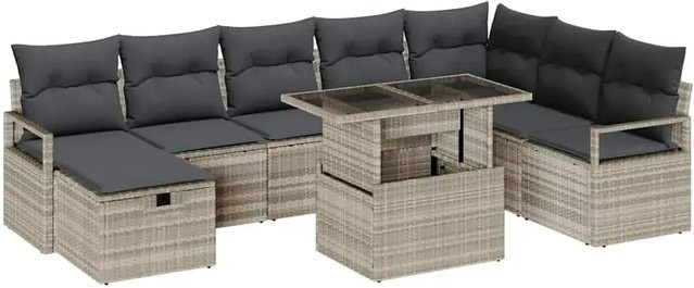 vidaXL Garten-Sofa-Set aus Polyrattan mit 9 Teilen und Kissen in Hellgrau - Bild 1