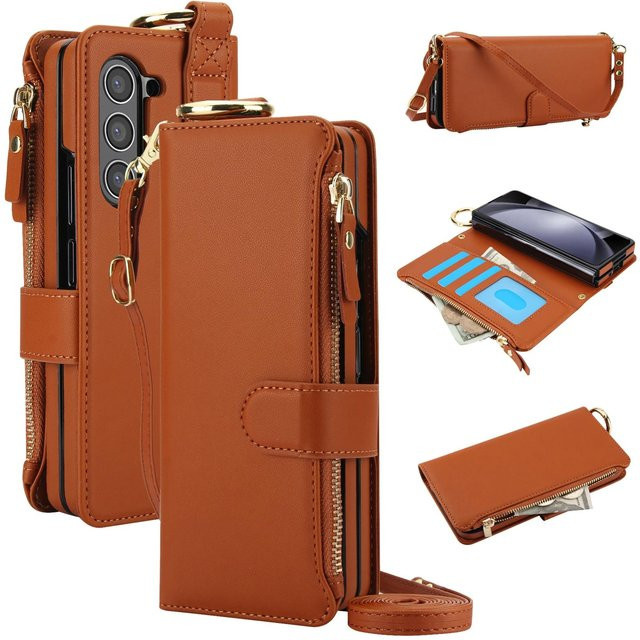Lederhülle mit Kartenfach und Ringhalter für Samsung Galaxy Z Fold 3 4 5 6 5G in Braun - Bild 1