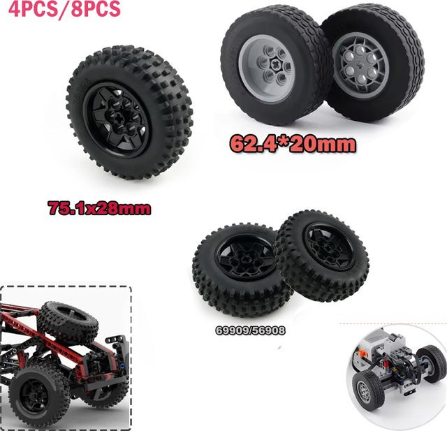 Wishiot MOC Bausteine Reifen und Räder für Fahrzeug-Modelle, Schwarz, Durchmesser: 62,4 mm, Breite: 20 mm - Bild 1