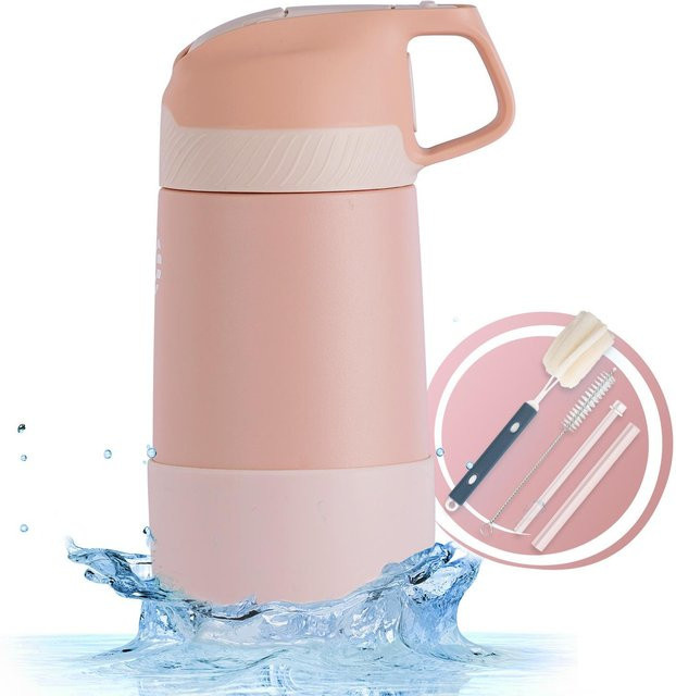 Binchi Keji Travel Vakuumbecher mit Strohhalm aus 304 Edelstahl für Kinder und Studenten, 400ml, Rosa - Bild 1
