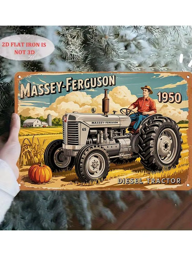 Massey-Ferguson Vintage Traktor Wandschild aus Eisen mit Herbsterntszene als rustikale Bauernhausdekoration B: 20 cm, H: 14 cm - Bild 2