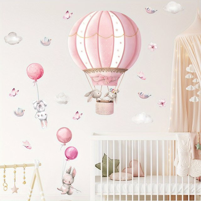 2 Stück BRUP Wandaufkleber mit rosa Kaninchen, Ballons und Wolken zur Dekoration für dein Kinderzimmer - Bild 1