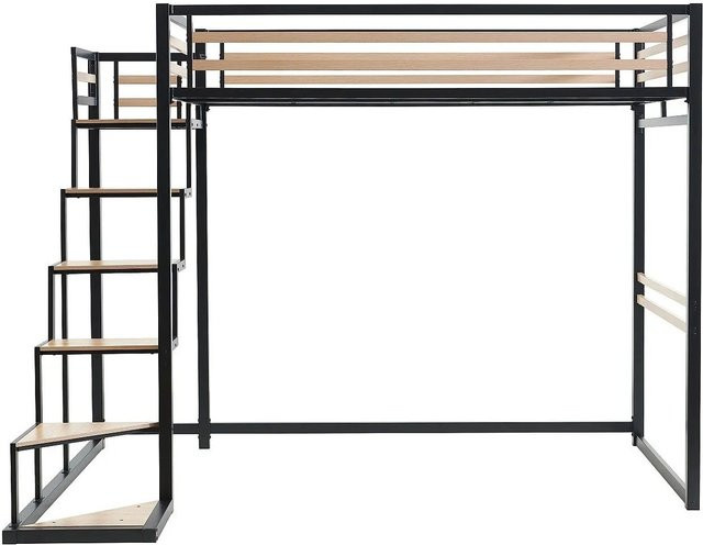 Vente-unique Hochbett Jogui in Schwarz im Industriestil aus Metall und MDF, B/T/H: 140 x 200 x 260,5 cm - Bild 1