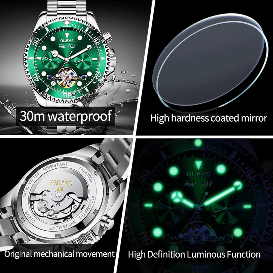 OLEVS Armbanduhr Automatik, Edelstahl, Grün, Gold, Herren - Bild 5