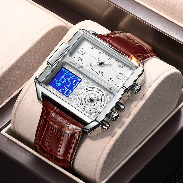 LIGE Armbanduhr Digital, Quarz, Schwarz, Edelstahl, Leder, Herren - Bild 1