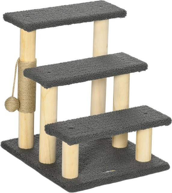 PawHut Katzentreppe 3-stufig aus Kiefernholz in Grau mit integriertem Spielzeug und Teddystoff, H x B x T: 48 x 45 x 40 cm - Bild 1