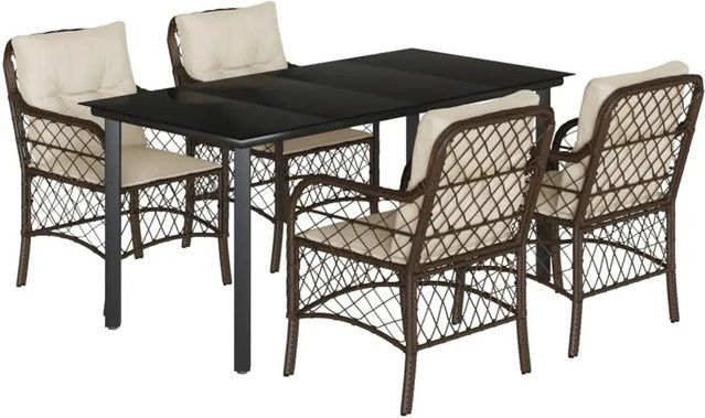 vidaXL 5-teilige Garten-Essgruppe aus braunem Poly Rattan mit Kissen und Glastisch - Bild 1